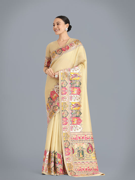 Beige Color Imported Pashmina Silk Digital Print Traditional Saree