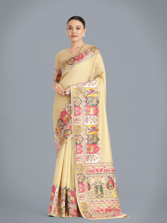 Beige Color Imported Pashmina Silk Digital Print Traditional Saree