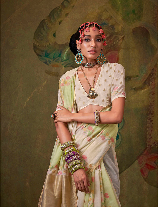 Cream Pure Spun Rangkat Saree with Multicolour Stripes