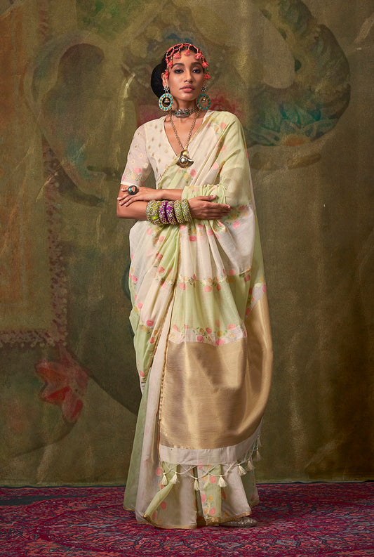 Cream Pure Spun Rangkat Saree with Multicolour Stripes