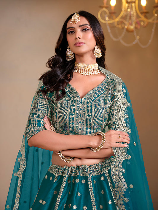 Teal Art Silk Embroidered Wedding Wear Lehenga Choli