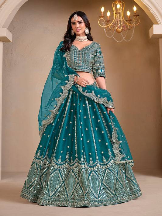 Teal Art Silk Embroidered Wedding Wear Lehenga Choli