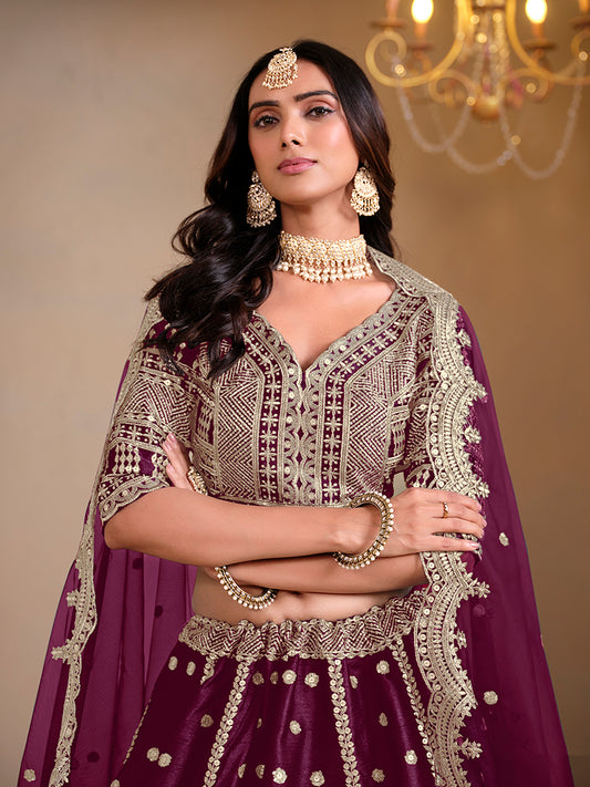 Purple Art Silk Embroidered Wedding Wear Lehenga Choli
