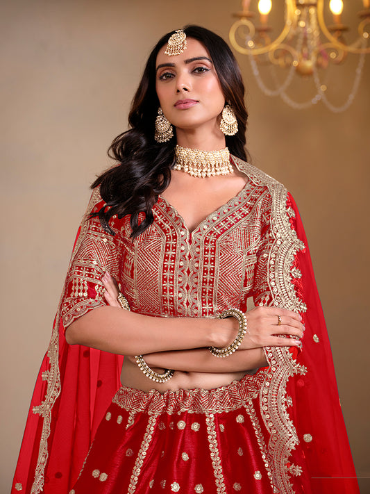 Red Art Silk Embroidered Wedding Wear Lehenga Choli