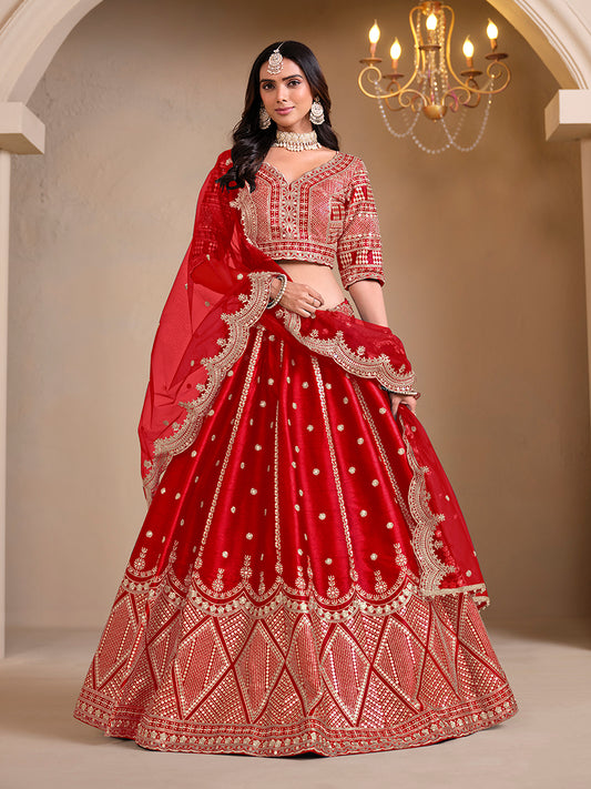 Red Art Silk Embroidered Wedding Wear Lehenga Choli