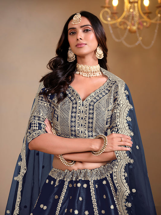 Navy blue Art Silk Embroidered Wedding Wear Lehenga Choli