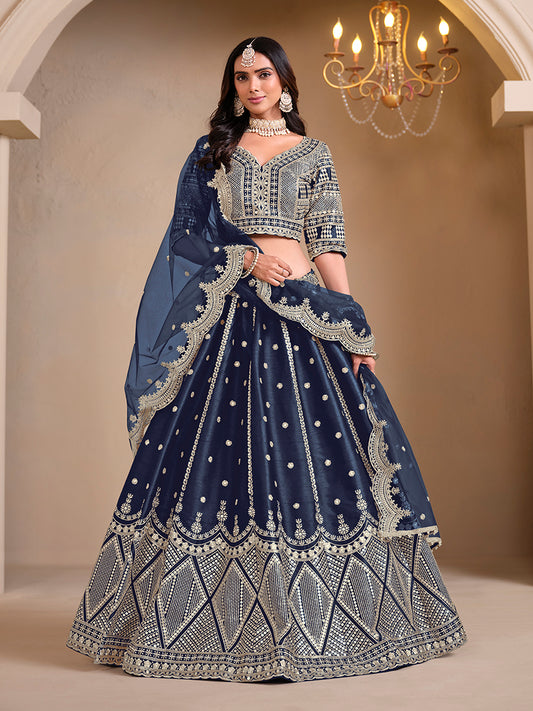 Navy blue Art Silk Embroidered Wedding Wear Lehenga Choli