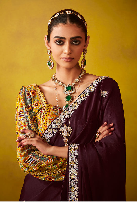 Burgundy Tissue Silk Embroidered Party Wear Saree With Embroidered Blouse