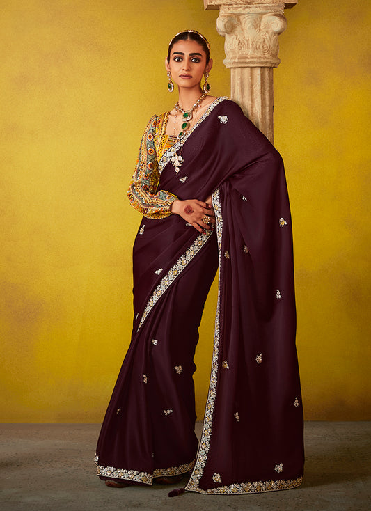 Burgundy Tissue Silk Embroidered Party Wear Saree With Embroidered Blouse