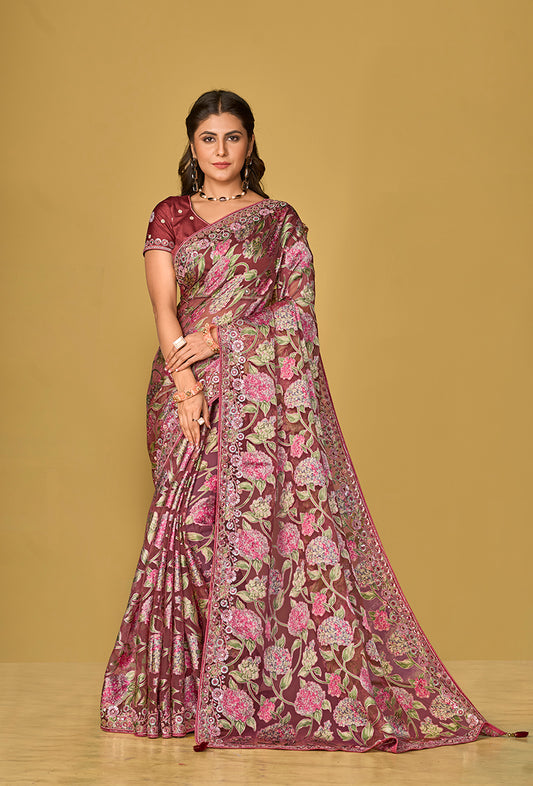 Burgundy Organza Brasso With Beautiful Printed Saree