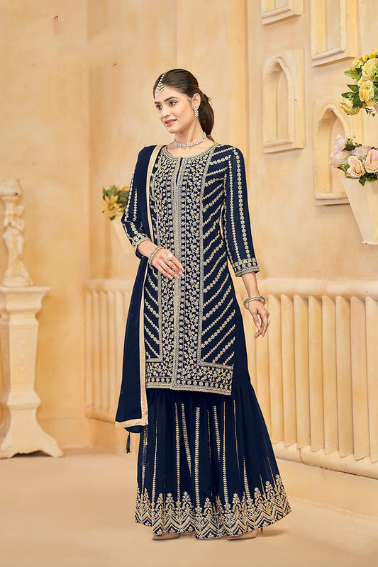 Dark blue Faux Georgette  Embroidered Trendy Sharara Set