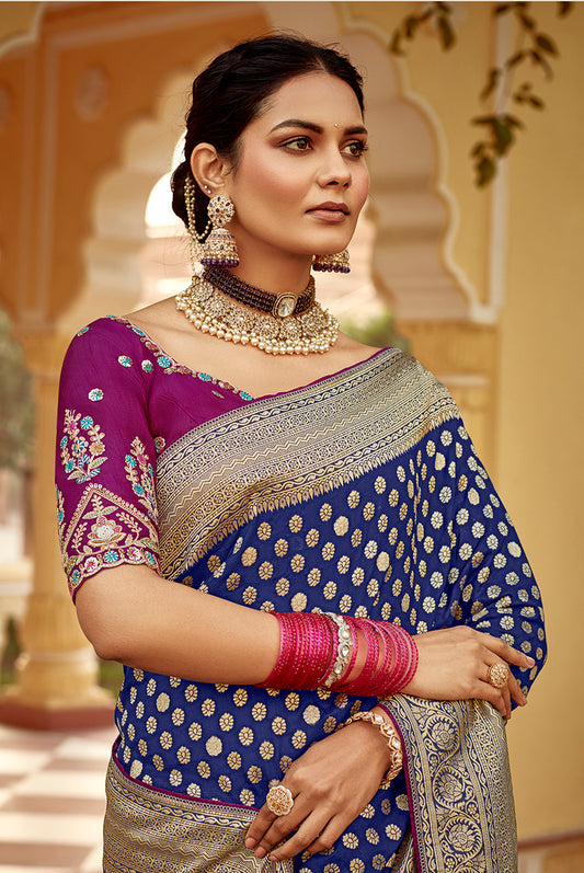 Blue Dola Silk with Gold Zari Weaving Work Saree