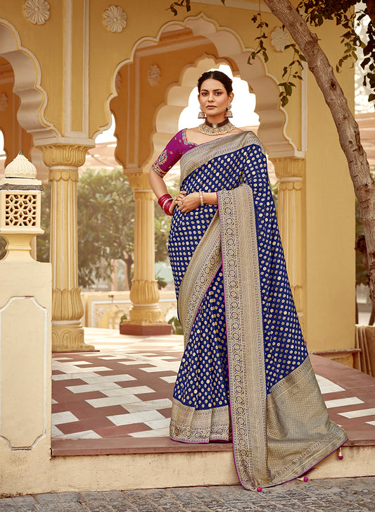 Blue Dola Silk with Gold Zari Weaving Work Saree