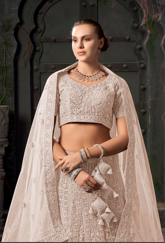 Cream Net Embroidered Designer Bridal Lehenga Choli