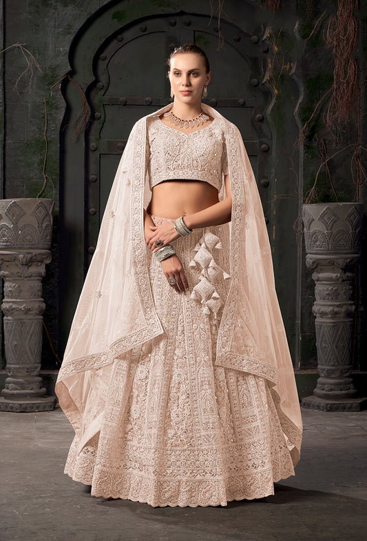 Cream Net Embroidered Designer Bridal Lehenga Choli