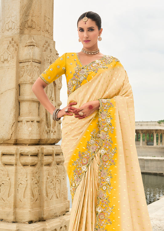 Cream Silk Cutwork Reception Wear Classic Saree