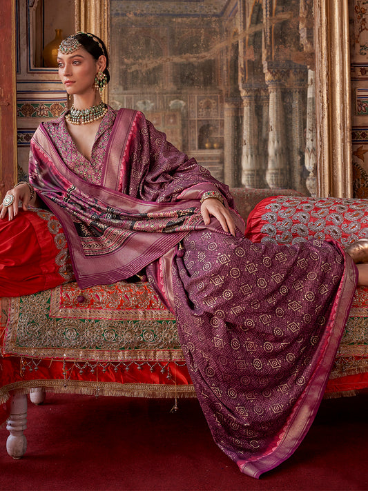 Burgundy Silk Printed Saree