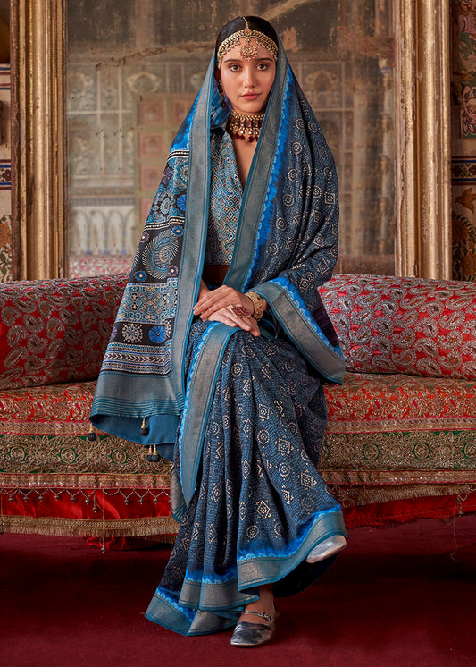 Blue Silk Printed Saree