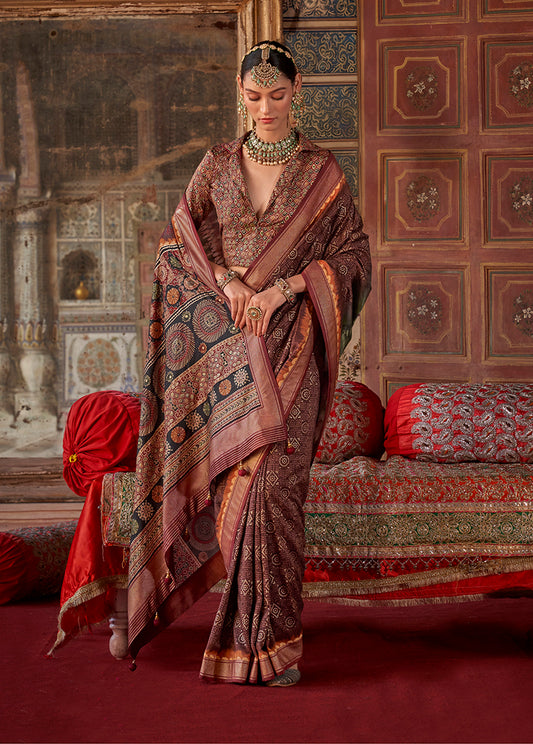 Brown Silk Printed Saree
