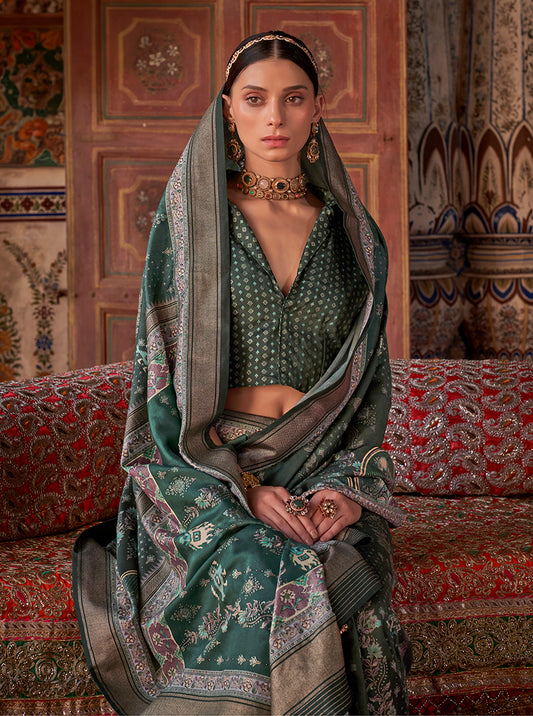 Dark Green Silk Printed Saree