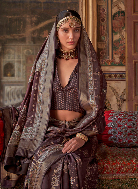 Dark Brown Silk Printed Saree