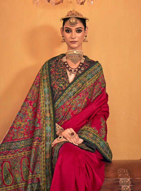 Rani Pink Silk Paisley Print Work Saree