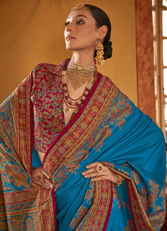 Blue Silk Paisley Print Work Saree