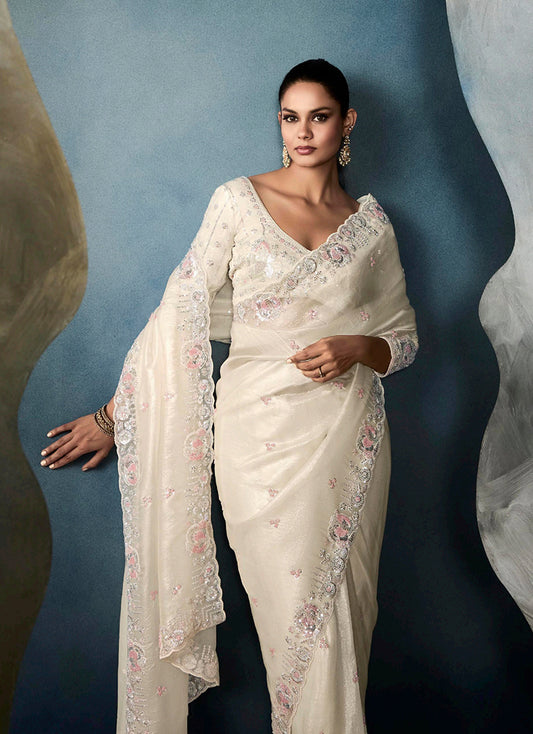 Cream Tissue Silk Saree Featuring Intricate Sequins Work