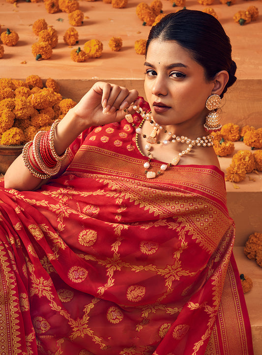 Red Georgette Printed Zari Woven Saree