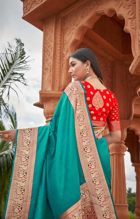 Turquoise Silk Woven Work Classic Saree