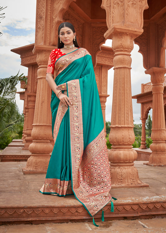 Turquoise Silk Woven Work Classic Saree