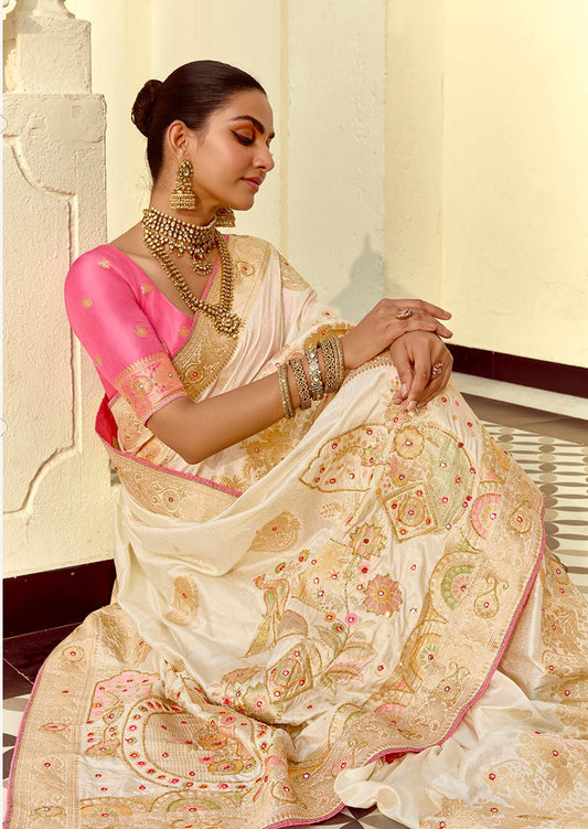 Cream Silk Saree with Rich Zari Weaving & Contrast Blouse