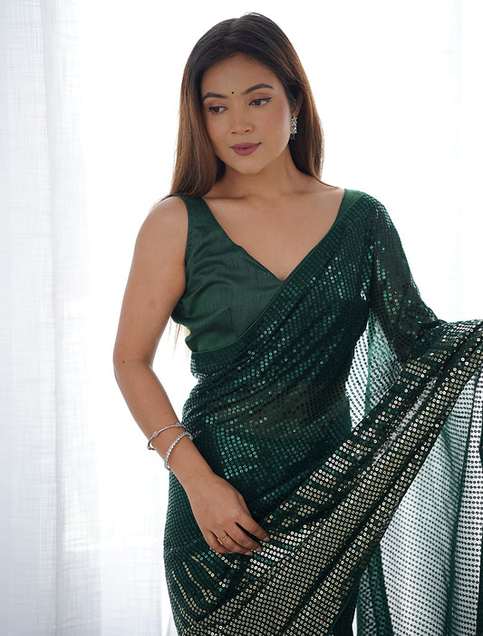 Bottle Green Georgette Embroidered Sequins Work Saree