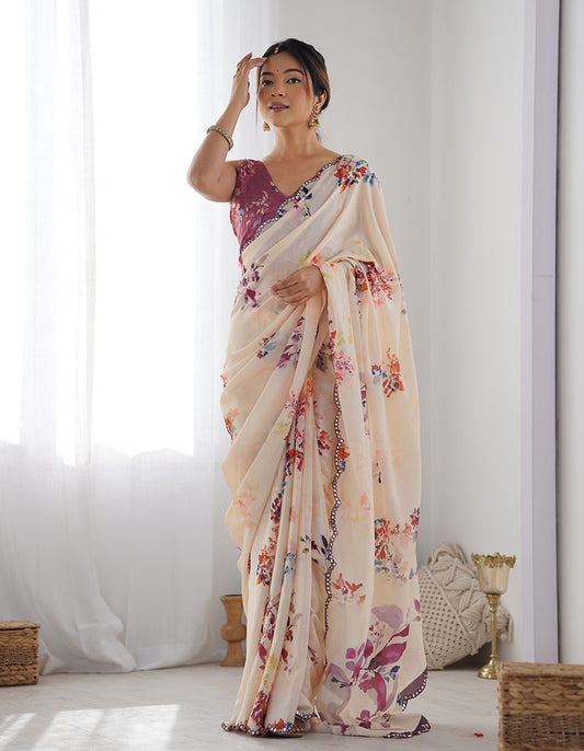 Cream Chinon Digital Print Mirror Cut Work Saree