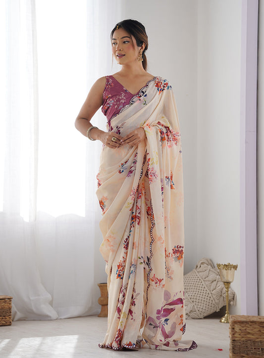 Cream Chinon Digital Print Mirror Cut Work Saree