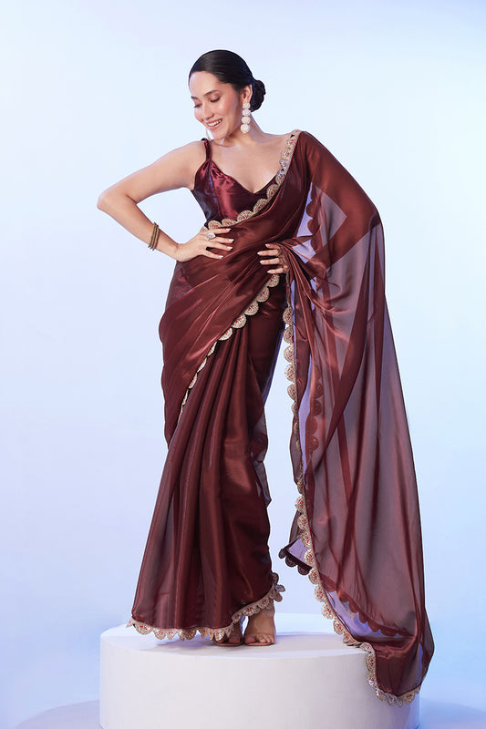 Coffee Brown Satin Saree With Lace Detailing
