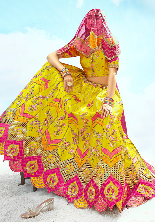 Yellow & Pink Silk Heavy Embroidered Bridal Lehenga Choli