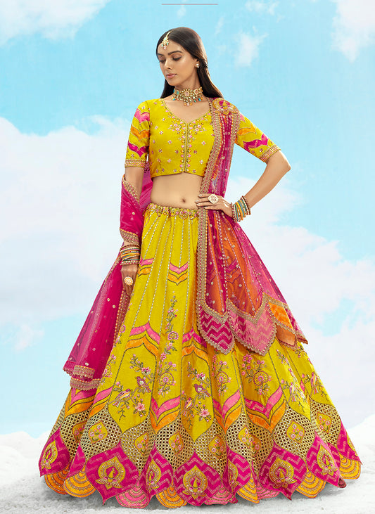 Yellow & Pink Silk Heavy Embroidered Bridal Lehenga Choli