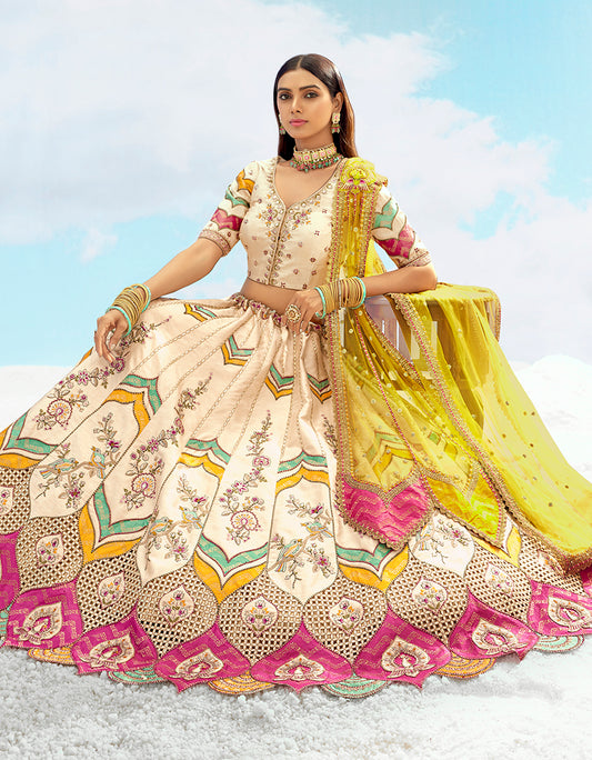 Ivory & Yellow Silk Heavy Embroidered Bridal Lehenga Choli