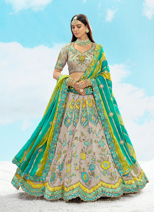 Light Grey Silk Heavy Embroidered Bridal Lehenga Choli