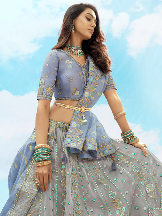 Light Grey Silk Heavy Embroidered Bridal Lehenga Choli