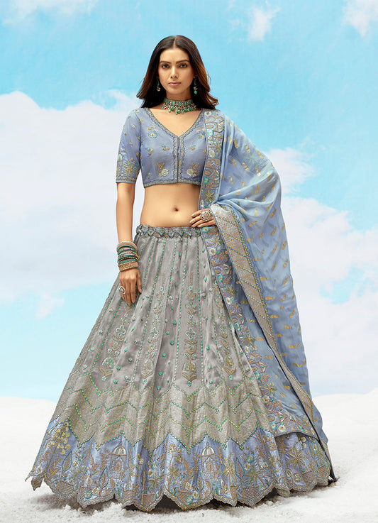 Light Grey Silk Heavy Embroidered Bridal Lehenga Choli