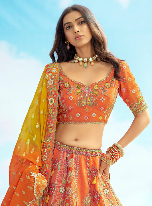 Orange Silk Heavy Embroidered Bridal Lehenga Choli
