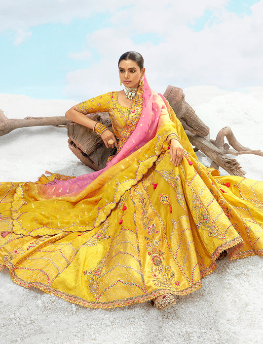 Yellow Silk Heavy Embroidered Bridal Lehenga Choli