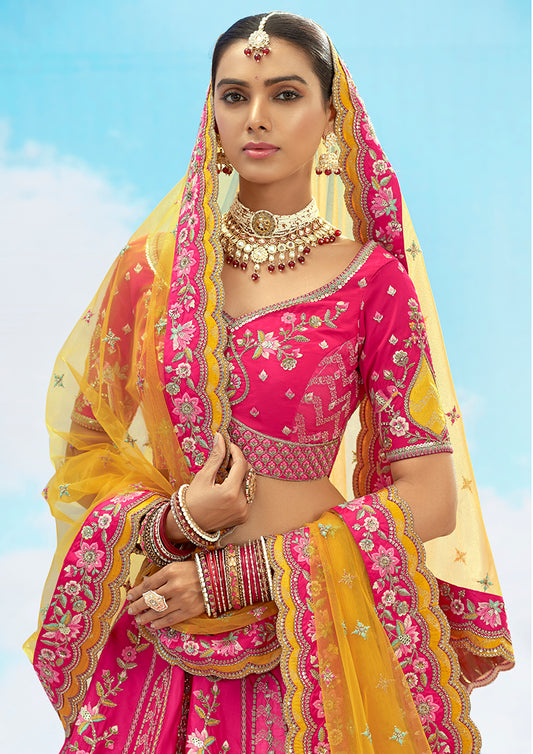Rani Pink Silk Heavy Embroidered Wedding Lehenga Choli