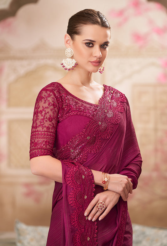 Burgundy Satin SIlk Embroidered Work Saree