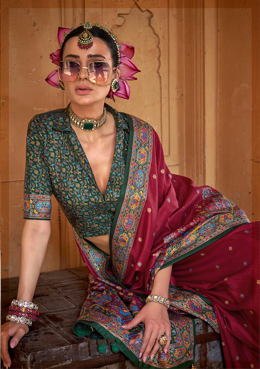 Burgundy Silk Printed Saree