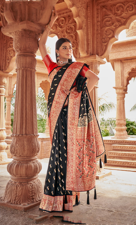 Black Banarasi Silk Zari Woven Work Trendy Saree