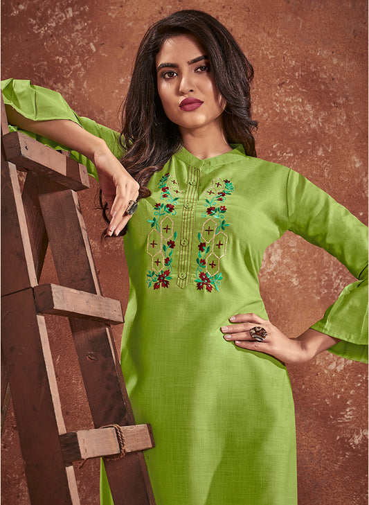 Cotton Embroidered Green Party Wear Kurti