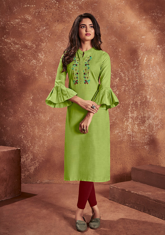 Cotton Embroidered Green Party Wear Kurti